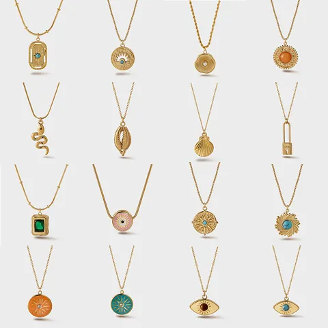 Vintage Stainless Steel Sunburst Evil Eye Pendant Necklace For Women Gold Plated Bohemian Shell Snake Love Heart Clavicle Chain Jewelry