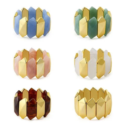 Bohemian Geometric Hexagon Acrylic Resin Marble Texture Elastic Bangle Bracelet For Women Gold Alloy Stretch Hand Jewelry