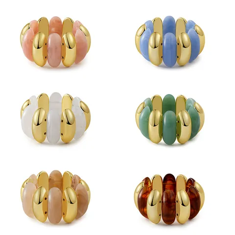 Bohemian Acrylic Marble Pattern Beaded Elastic Bangle For Women Vintage Alloy Metallic Geometric Flat Tube Stretch Bracelet Jewelry