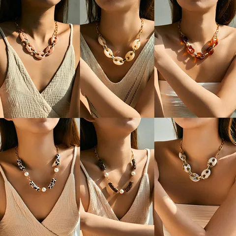 Collier Ras du Cou Vintage en Cuivre Grosse Chaîne Avec Perles en Résine Léopard et Acrylique Marbre pour Femme