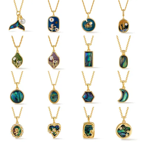 Vintage French Gold Plated Copper Abalone Shell Pendant Necklace Elegant Enamel Pearl Flower Geometric Choker Jewelry For Women