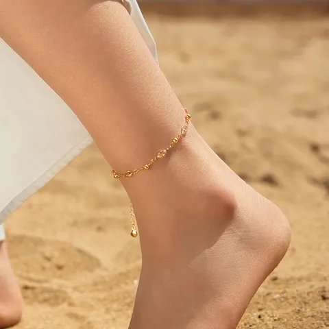 Bracelet de Cheville Bohème en Cuivre Plaqué Or 18K Avec Pierres en Verre Goutte d'eau Colorées Et Perles Bijoux de Plage