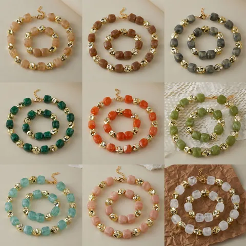 Handmade Vintage Acrylic Beaded Jewelry Set For Women Marble Texture Cube Beads Alloy Necklace And Bracelet Set Fashion Jewelry