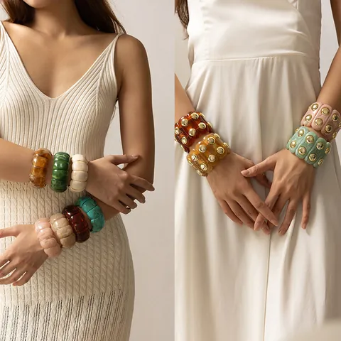Vintage Chunky Acrylic Resin Bangle For Women Fashion Marble Tortoiseshell Pattern Stretch Bracelet Bohemian Studded Jewelry Hand Decor