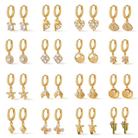 18K Gold Plated Copper Zirconia Hoop Earrings Starfish Sea Turtle Shell Dolphin Animal Motif Jewelry For Women Girls
