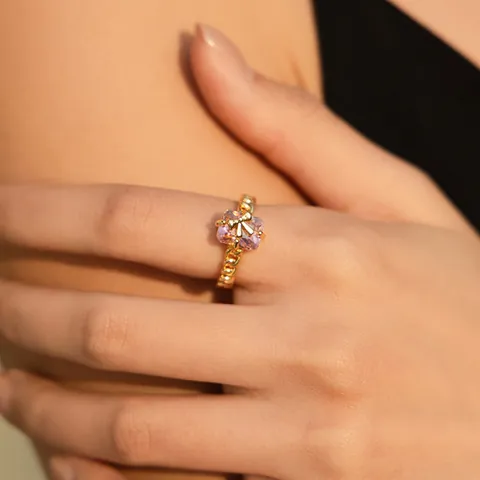Anillo Abierto de Latón Bañado en Oro de 18K Vintage Circón Cuadrado Rosa Diseño Caja Regalo Lazo Joyería Ajustable Mujer