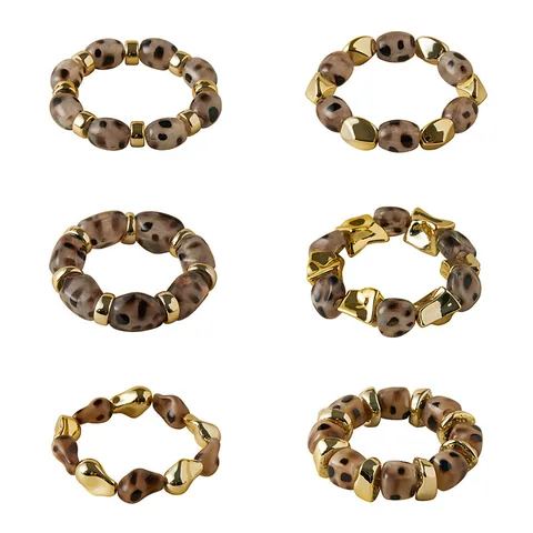 Bracelet Perlé en Acrylique Imprimé Léopard Femmes Vintage Alliage d'Or Géométrique Élastique Boho Bijoux Mode