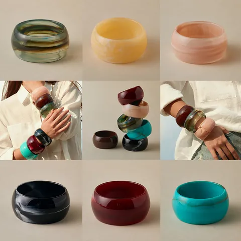 Bracelet Jonc Large en Acrylique Bohème pour Femmes Texture Marbrée Vintage Exagéré Couleur Mixte Mode Bracelet en Résine Bijoux Cadeau