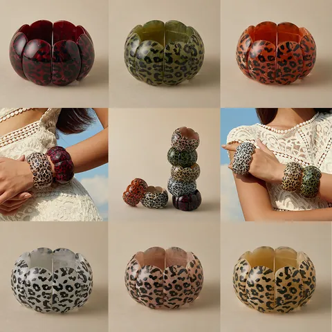 Chunky Resin Leopard Print Stretch Bracelet For Women Vintage Acrylic Oval Bangle Bohemia Style Fashion Hand Jewelry Gift