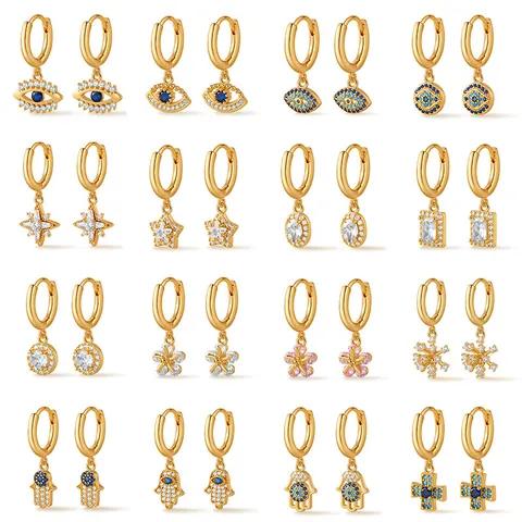 18K Vergoldet Messing Creolen Mit Zirkonia Böser Blick Hand Der Fatima Blume Anhänger Für Damen Trendige Hängeohrringe Schmuck