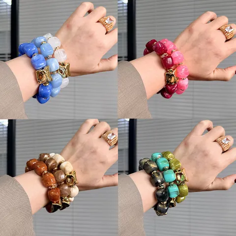 Women Irregular Acrylic Marble Pattern Bracelet Chunky Resin Beads Gold Plated Metal Accent Stretch Fashion Jewelry Gift