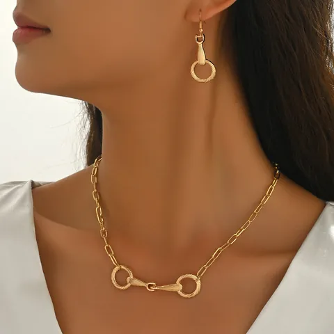 Horsebit Jewelry Set Zinc Alloy Electroplated Gold Silver Necklace And Earrings Set Geometric Textured For Women Party Jewelry