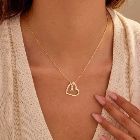Women Gold Plated Copper Heart Necklace With Zirconia Initial Alphabet Letter Pendant Clavicle Chain Jewelry Gift For Her