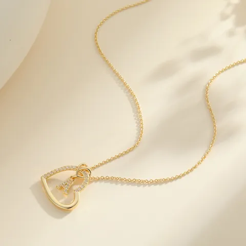 Women Gold Plated Copper Heart Necklace With Zirconia Initial Alphabet Letter Pendant Clavicle Chain Jewelry Gift For Her