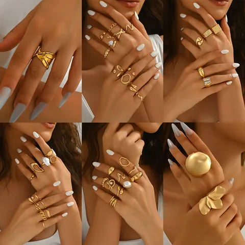 Minimalist Gold Plated Alloy Ring Set For Women Geometric Inlaid Artificial Pearl Rhinestone Adjustable Open Ring Fashion Jewelry