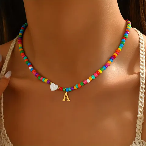 Bohemian Rainbow Seed Bead Necklace For Women Stainless Steel Gold Initial Letter Heart Pendant Colorful Y2K Beaded Choker Jewelry