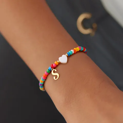Women Colorful Beaded Bracelet Stainless Steel Gold Letter Heart Charm Rainbow Jewelry Gift