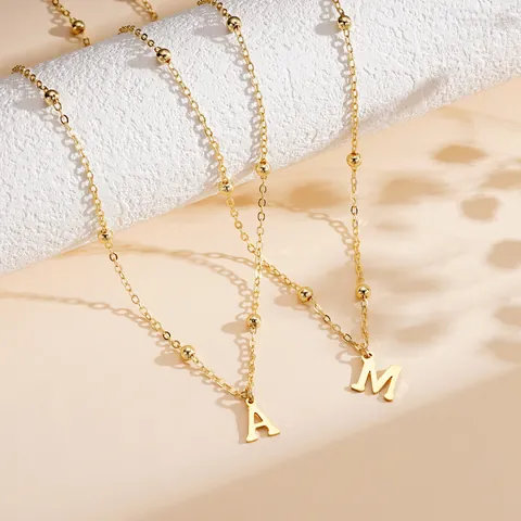 Minimalist Stainless Steel Gold Plated Initial Letter Pendant Necklace With Bead Satellite Chain For Women Jewelry Gift