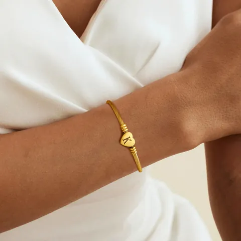 Women Fashion Stainless Steel Gold Plated Twisted Cable Bangle With Heart Initial Charm Letter Bracelet For Jewelry Gift