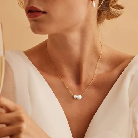 Elegant Copper Faux Pearl Necklace For Women Gold Plated Minimalist Clavicle Chain Light Luxury Party Wedding Jewelry