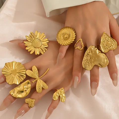 Gold Plated Zinc Alloy Flower Heart Dragonfly Open Rings For Women Vintage Statement Adjustable Fashion Jewelry Finger Ring