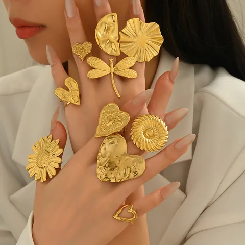 Gold Plated Zinc Alloy Flower Heart Dragonfly Open Rings For Women Vintage Statement Adjustable Fashion Jewelry Finger Ring