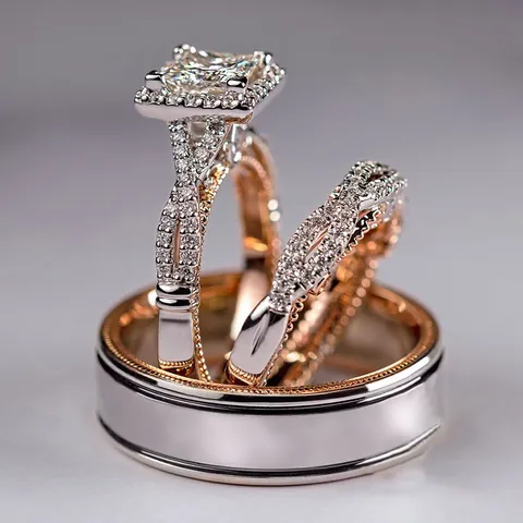 Anello Fidanzamento Halo Zirconia Taglio Principessa Rame E Fascia Intrecciata Gioielli Per Donne Elegante Accessorio Sposa