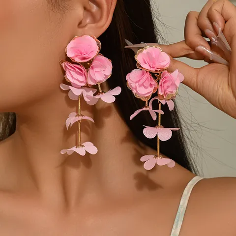 Handmade Chiffon Flower Long Tassel Drop Earrings For Women Zinc Alloy Stainless Steel Earring Post Bohemia Floral Jewelry
