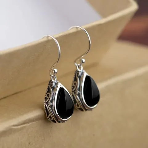 Water Drop Hook Earrings Copper Retro Filigree Hollow Vintage Ethnic Style Faux Gemstone Dangle Jewelry For Women