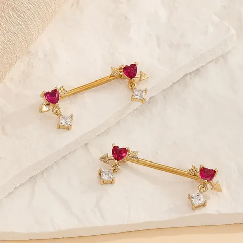 Piercings de Pezón de Corazón Flecha de Cupido Barroco para Mujer Cobre Chapado en Oro Zirconia Roja Joyería de Piercing