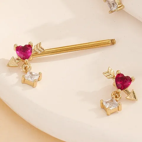 Piercings de Pezón de Corazón Flecha de Cupido Barroco para Mujer Cobre Chapado en Oro Zirconia Roja Joyería de Piercing