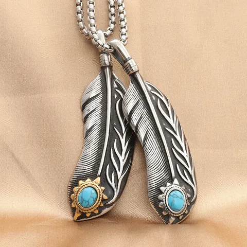 Collar con Colgante de Pluma de Acero Inoxidable Vintage con Incrustaciones de Turquesa Joyería Estilo Punk Gótico Étnico para Hombre Mujer