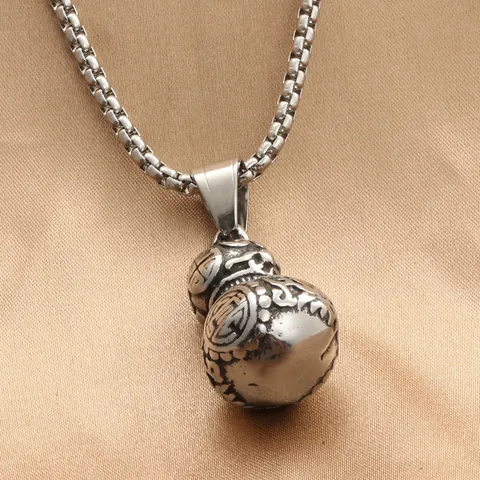 Retro Stainless Steel Gourd Pendant Necklace For Men Vintage Carved Auspicious Pattern Jewelry Accessory Lucky Gift