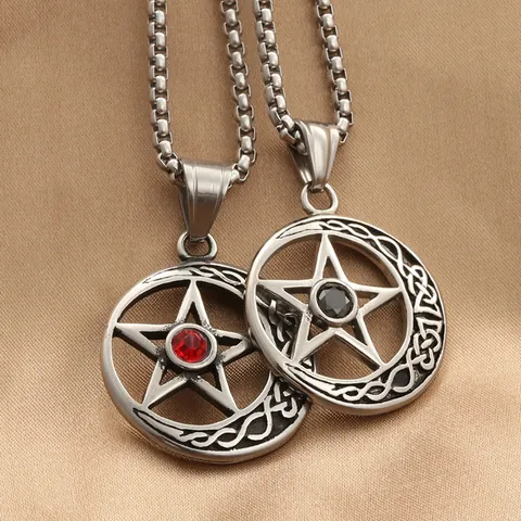 Vintage Stainless Steel Pentagram Crescent Moon Pendant Necklace With Celtic Knot Men Punk Gothic Titanium Steel Jewelry