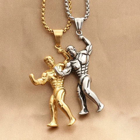 Punk Retro Titanium Steel Muscle Man Pendant Necklace For Men Fitness Bodybuilder Jewelry Gym Enthusiast Gift Gold Silver