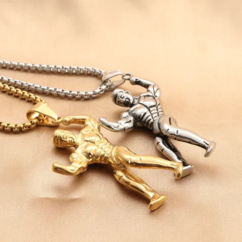 Punk Retro Titanium Steel Muscle Man Pendant Necklace For Men Fitness Bodybuilder Jewelry Gym Enthusiast Gift Gold Silver