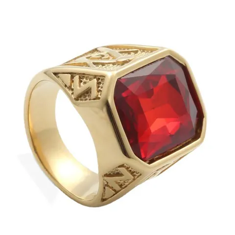 Vintage Stainless Steel Freemasonry Signet Ring For Men With Red Blue Green Black Gemstone Punk Retro Finger Jewelry