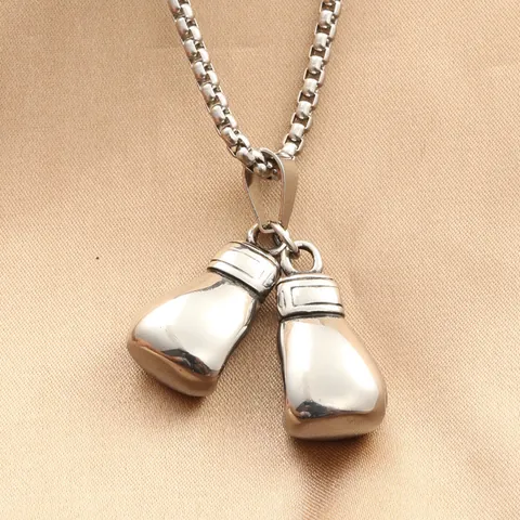 Vintage Stainless Steel Boxing Gloves Pendant Necklace Punk Hip Hop Sports Jewelry For Men Silver Tone Box Chain Necklace