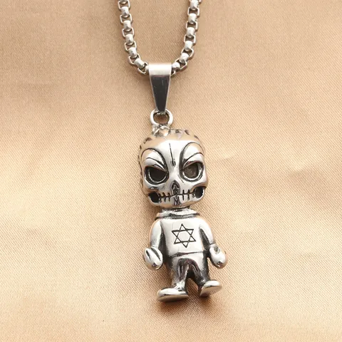 Retro Titanium Steel Hexagram Cartoon Demon Pendant Necklace For Men Punk Gothic Hip Hop Jewelry Silver Demon Skeleton Necklace