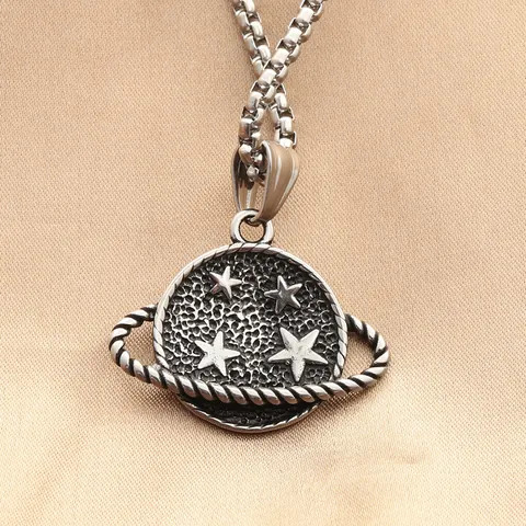 Vintage Titanium Steel Saturn Planet Pendant Necklace Retro Punk Sunburst Star Round Medal Space Jewelry For Men Unisex