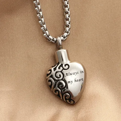 Stainless Steel Heart Cremation Urn Pendant Necklace Engraved Always In My Heart Memorial Perfume Bottle Jewelry For Unisex