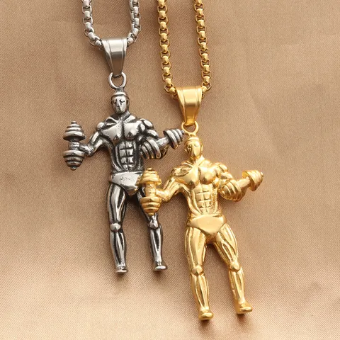 Vintage Men Fitness Muscle Man Dumbbell Pendant Necklace Stainless Steel Punk Bodybuilding Gym Sports Jewelry For Weightlifters Gift