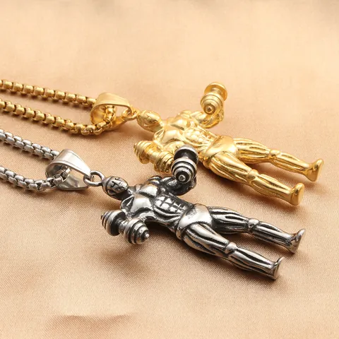 Vintage Men Fitness Muscle Man Dumbbell Pendant Necklace Stainless Steel Punk Bodybuilding Gym Sports Jewelry For Weightlifters Gift