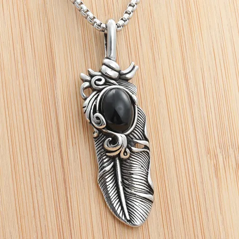 Collana Con Pendente a Piuma in Acciaio Inossidabile Retro Uomo Donna Pietra Ovale Turchese Blu Nero Rosso Gioielli Punk