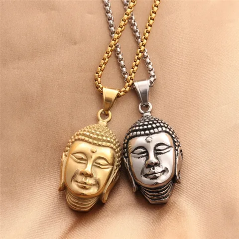 Vintage Stainless Steel Buddha Head Pendant Necklace For Men Retro Punk Titanium Steel Jewelry Gold Silver Box Chain Necklace