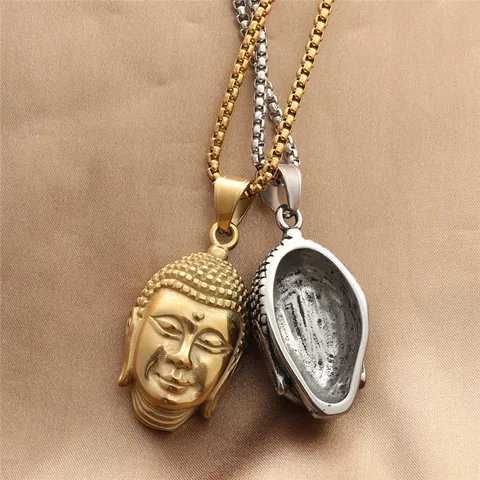 Vintage Stainless Steel Buddha Head Pendant Necklace For Men Retro Punk Titanium Steel Jewelry Gold Silver Box Chain Necklace
