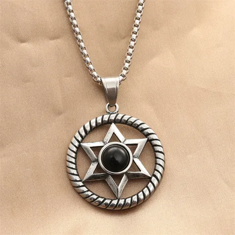 Retro Stainless Steel Hexagram Star Of David Pendant Necklace For Men Vintage Punk Jewelry With Black Round Gemstone