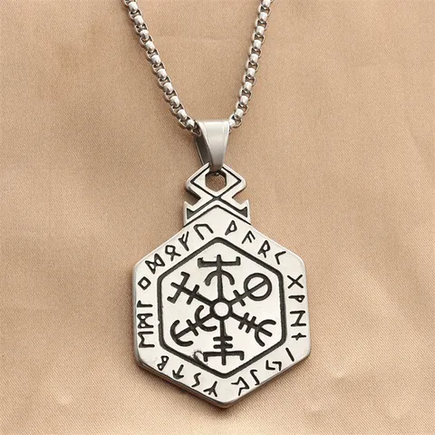 Collana Con Ciondolo Totem Rune Vichinghe Vintage Da Uomo In Acciaio Inossidabile Bussola Vegvisir Ciondolo Esagonale Gioielli