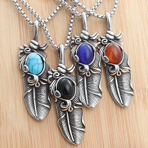 Collana Con Pendente a Piuma in Acciaio Inossidabile Retro Uomo Donna Pietra Ovale Turchese Blu Nero Rosso Gioielli Punk