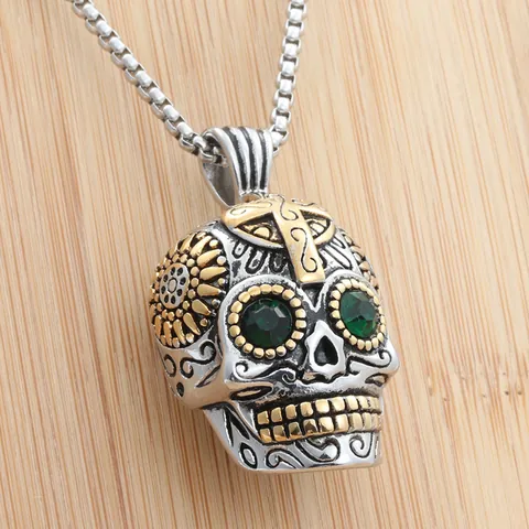 Stainless Steel Gothic Skull Pendant Necklace For Men Vintage Punk Jewelry With Green Zirconia Eye Floral Cross Pattern